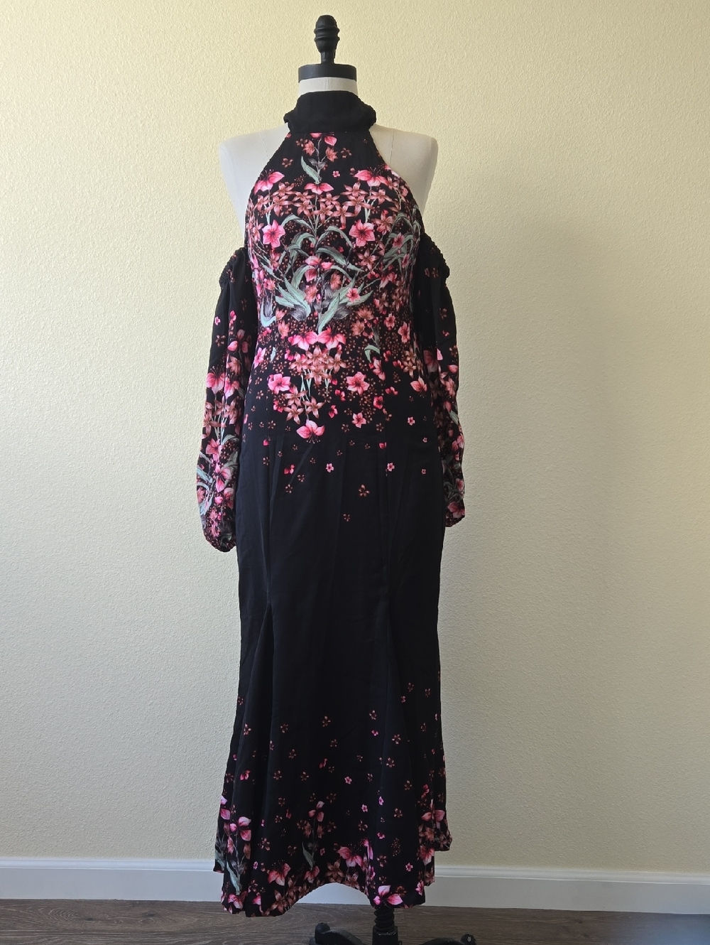 bebe Black Maxi Dress with Pink Floral Halter and Cold-Shoulder Sleeves